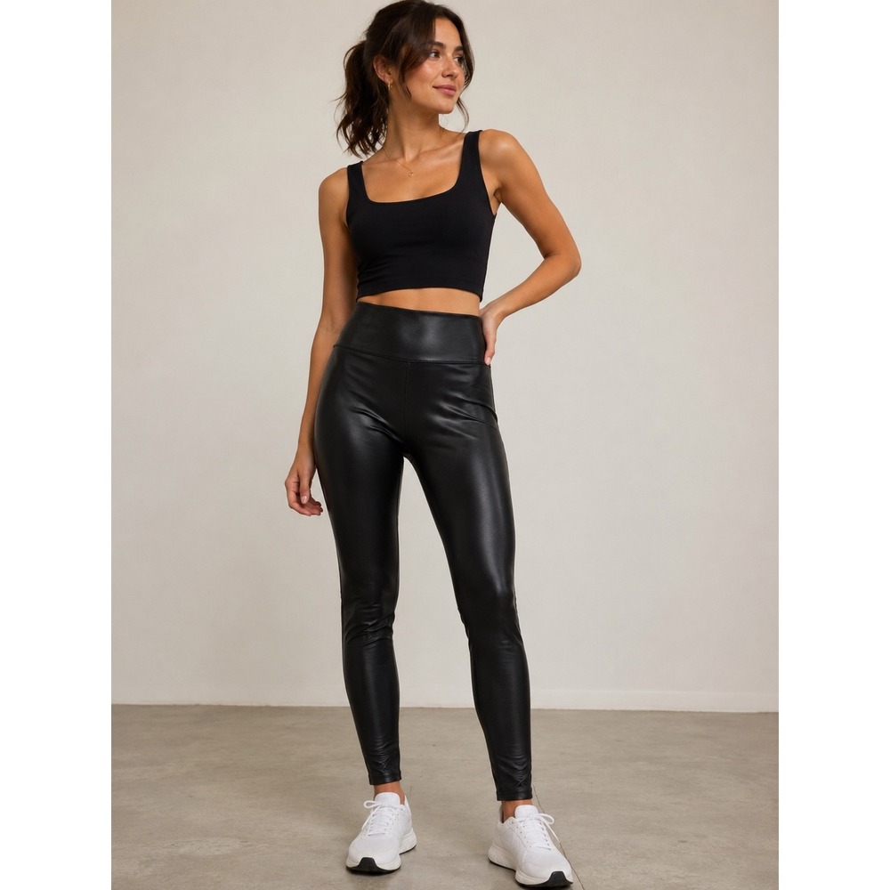Spanx Faux Leather Leggings Black High Waisted Contouring Ankle Pants Medium M/M